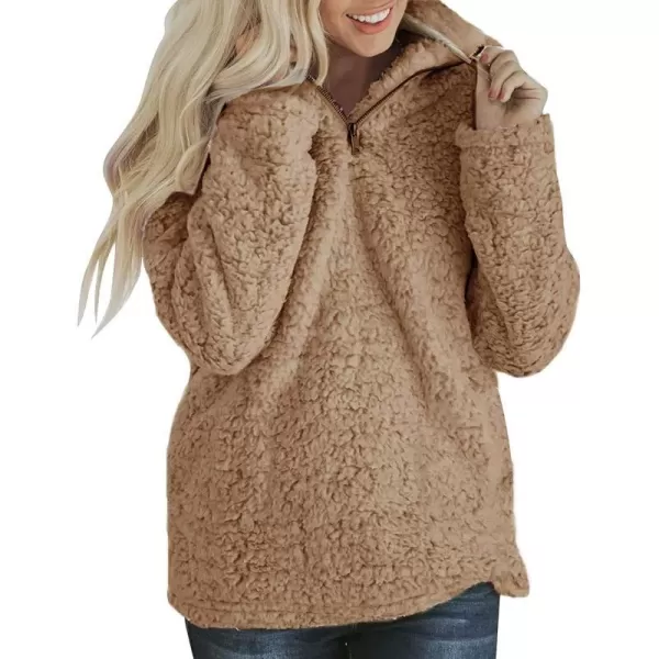 imageZESICA Womens Autumn Winter Long Sleeve Zipper Sherpa Fleece Sweatshirt Pullover Jacket CoatSolid Khaki