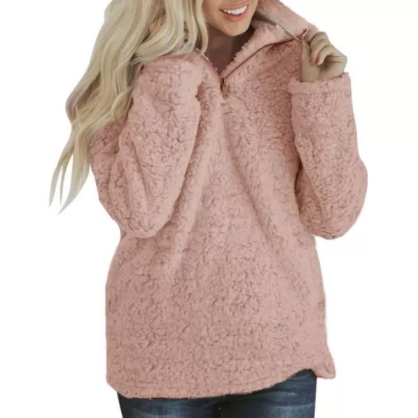 imageZESICA Womens Autumn Winter Long Sleeve Zipper Sherpa Fleece Sweatshirt Pullover Jacket CoatSolid Pink