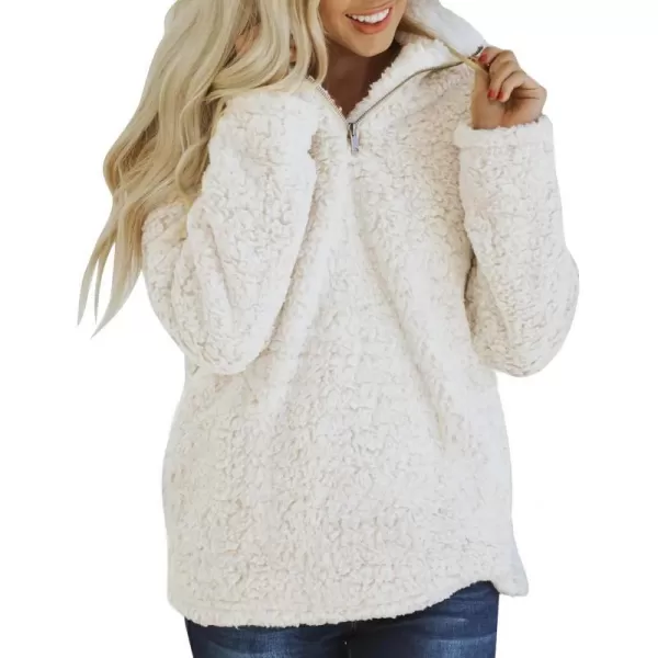 imageZESICA Womens Autumn Winter Long Sleeve Zipper Sherpa Fleece Sweatshirt Pullover Jacket CoatSolid White