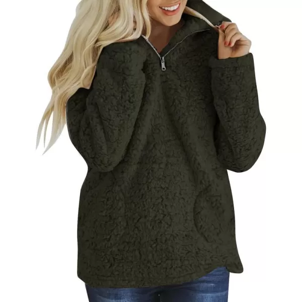 imageZESICA Womens Autumn Winter Long Sleeve Zipper Sherpa Fleece Sweatshirt Pullover Jacket CoatSolidarmygreen