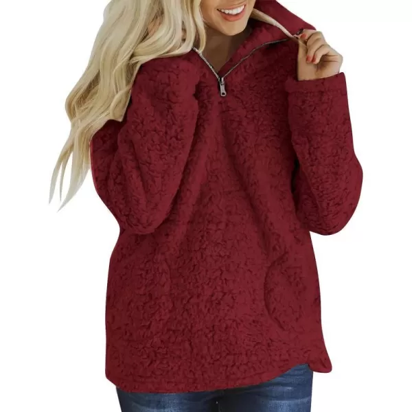 imageZESICA Womens Autumn Winter Long Sleeve Zipper Sherpa Fleece Sweatshirt Pullover Jacket CoatSolidburgundy