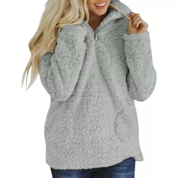 imageZESICA Womens Autumn Winter Long Sleeve Zipper Sherpa Fleece Sweatshirt Pullover Jacket CoatSolidlightgrey