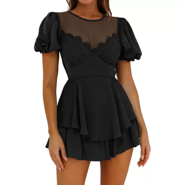 imageZESICA Womens Boho Rompers Sexy Short Puff Sleeve Mesh Patchwork Ruffle Tiered Layered Short Jumpsuit PlaysuitsBlack
