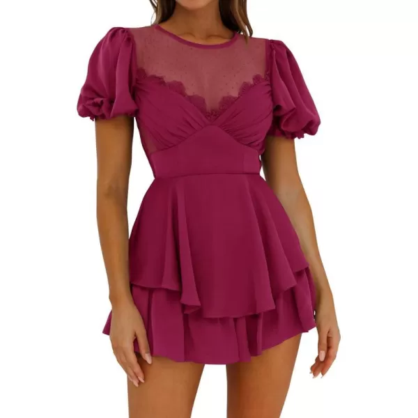imageZESICA Womens Boho Rompers Sexy Short Puff Sleeve Mesh Patchwork Ruffle Tiered Layered Short Jumpsuit PlaysuitsFuchsia