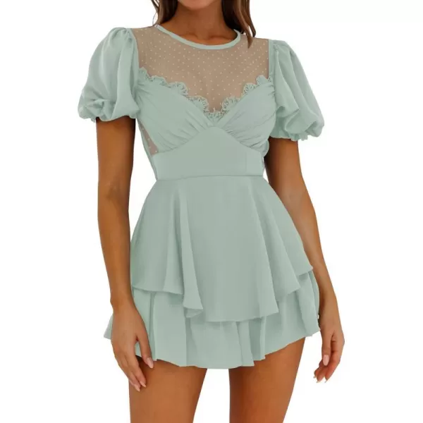 imageZESICA Womens Boho Rompers Sexy Short Puff Sleeve Mesh Patchwork Ruffle Tiered Layered Short Jumpsuit PlaysuitsSage