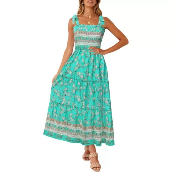 imageZESICA Womens Boho Summer Floral Print Tie Straps Sleeveless Square Neck Smocked Flowy Ruffle A Line Maxi DressAqua
