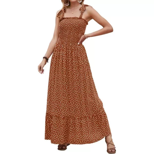 imageZESICA Womens Boho Summer Floral Print Tie Straps Sleeveless Square Neck Smocked Flowy Ruffle A Line Maxi DressBrown