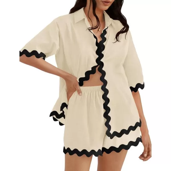 imageZESICA Womens Button Down Pajama Set Line Short Sleeve Shirt and Shorts Pj Lounge Sets Sleepwear with PocketsApricot