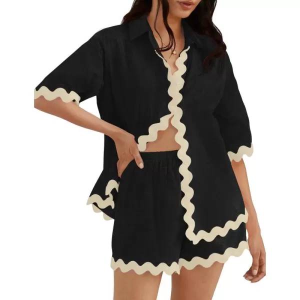 imageZESICA Womens Button Down Pajama Set Line Short Sleeve Shirt and Shorts Pj Lounge Sets Sleepwear with PocketsBlack