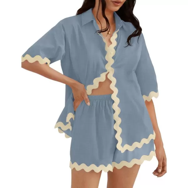 imageZESICA Womens Button Down Pajama Set Line Short Sleeve Shirt and Shorts Pj Lounge Sets Sleepwear with PocketsDusty Blue