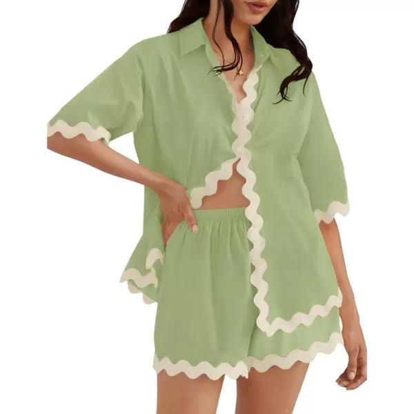 imageZESICA Womens Button Down Pajama Set Line Short Sleeve Shirt and Shorts Pj Lounge Sets Sleepwear with PocketsGreen