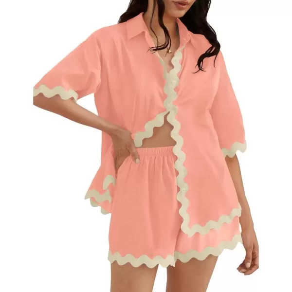 imageZESICA Womens Button Down Pajama Set Line Short Sleeve Shirt and Shorts Pj Lounge Sets Sleepwear with PocketsLight Pink