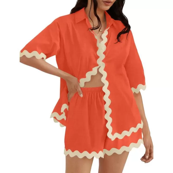 imageZESICA Womens Button Down Pajama Set Line Short Sleeve Shirt and Shorts Pj Lounge Sets Sleepwear with PocketsWatermelon Red