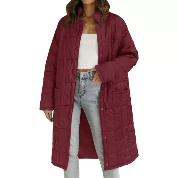 imageZESICA Womens Button Down Quilted Coat Winter Long Sleeve Stand Collar Oversized Puffer Jacket Outerwear with PocketsWine