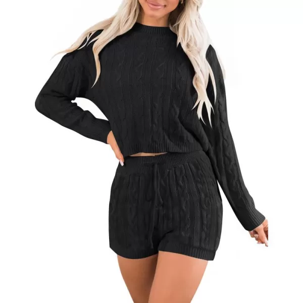 imageZESICA Womens Casual 2 Piece Sweater Sets Long Sleeve Cable Knit Pullover Tops and Drawstring Shorts Sweatsuit OutfitsBlack