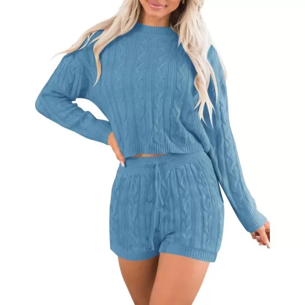 imageZESICA Womens Casual 2 Piece Sweater Sets Long Sleeve Cable Knit Pullover Tops and Drawstring Shorts Sweatsuit OutfitsBlue