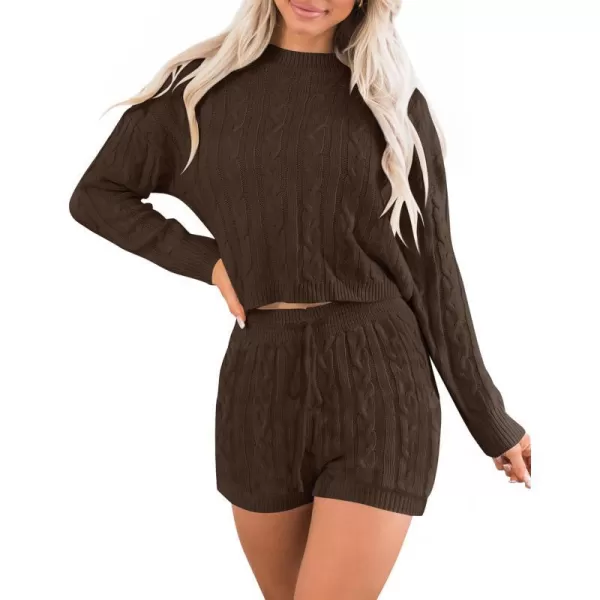 imageZESICA Womens Casual 2 Piece Sweater Sets Long Sleeve Cable Knit Pullover Tops and Drawstring Shorts Sweatsuit OutfitsBrown