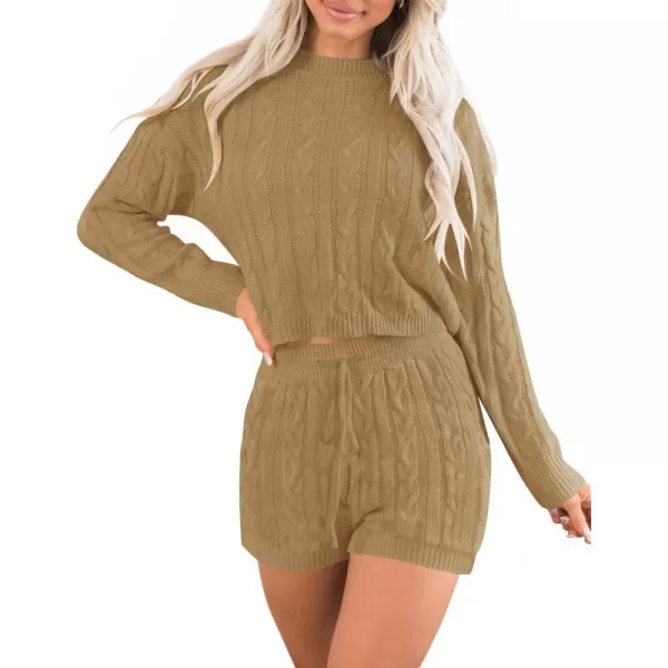 imageZESICA Womens Casual 2 Piece Sweater Sets Long Sleeve Cable Knit Pullover Tops and Drawstring Shorts Sweatsuit OutfitsCamel