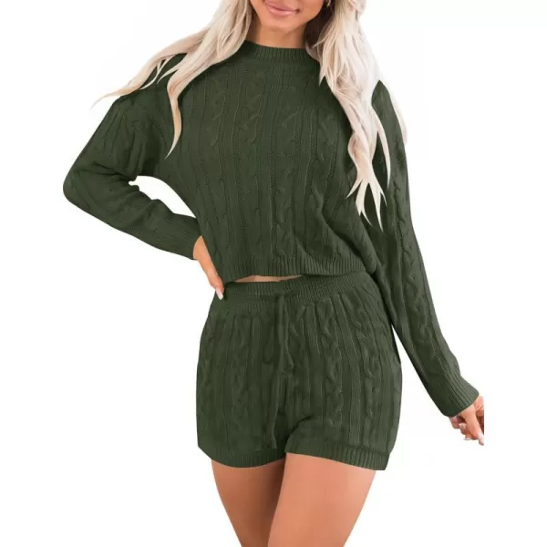 imageZESICA Womens Casual 2 Piece Sweater Sets Long Sleeve Cable Knit Pullover Tops and Drawstring Shorts Sweatsuit OutfitsGreen