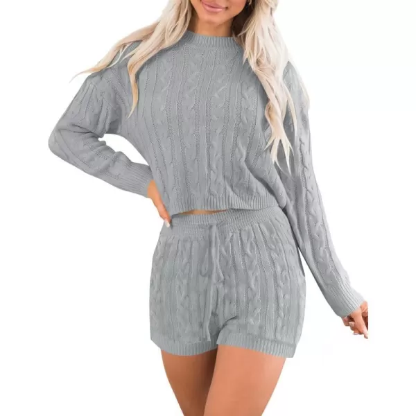 imageZESICA Womens Casual 2 Piece Sweater Sets Long Sleeve Cable Knit Pullover Tops and Drawstring Shorts Sweatsuit OutfitsGrey