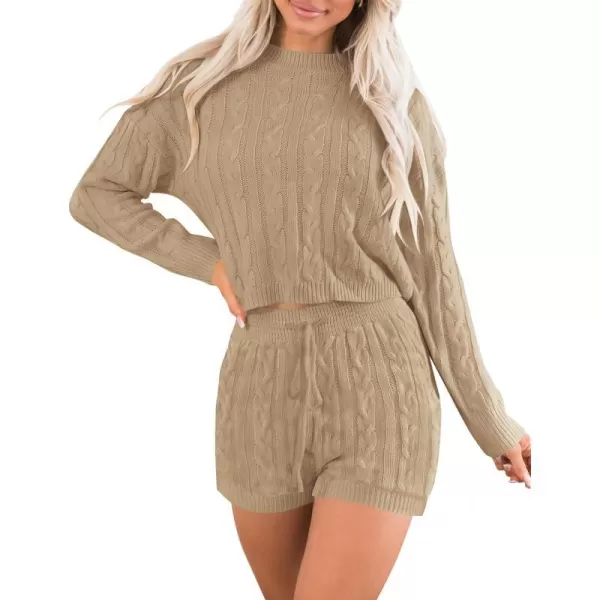 imageZESICA Womens Casual 2 Piece Sweater Sets Long Sleeve Cable Knit Pullover Tops and Drawstring Shorts Sweatsuit OutfitsLightkhaki