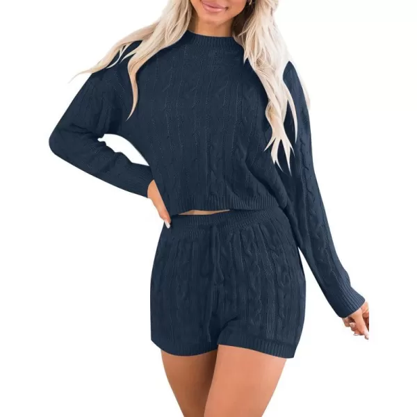 imageZESICA Womens Casual 2 Piece Sweater Sets Long Sleeve Cable Knit Pullover Tops and Drawstring Shorts Sweatsuit OutfitsNavy