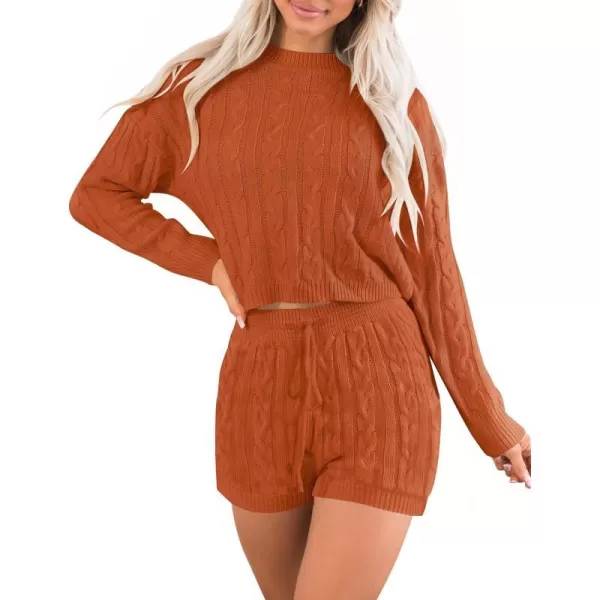 imageZESICA Womens Casual 2 Piece Sweater Sets Long Sleeve Cable Knit Pullover Tops and Drawstring Shorts Sweatsuit OutfitsOrange