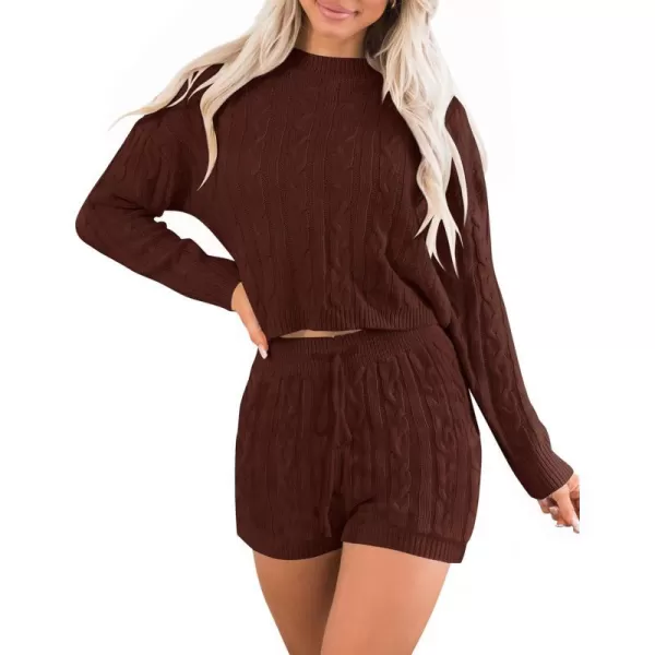 imageZESICA Womens Casual 2 Piece Sweater Sets Long Sleeve Cable Knit Pullover Tops and Drawstring Shorts Sweatsuit OutfitsRedbrown