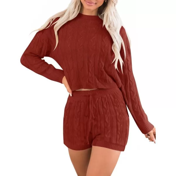 imageZESICA Womens Casual 2 Piece Sweater Sets Long Sleeve Cable Knit Pullover Tops and Drawstring Shorts Sweatsuit OutfitsRust
