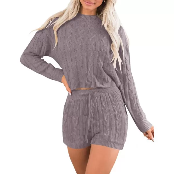 imageZESICA Womens Casual 2 Piece Sweater Sets Long Sleeve Cable Knit Pullover Tops and Drawstring Shorts Sweatsuit OutfitsTaro