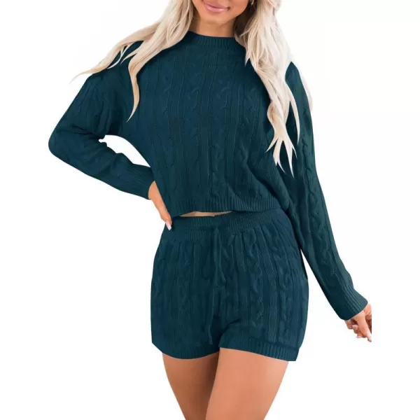 imageZESICA Womens Casual 2 Piece Sweater Sets Long Sleeve Cable Knit Pullover Tops and Drawstring Shorts Sweatsuit OutfitsTeal
