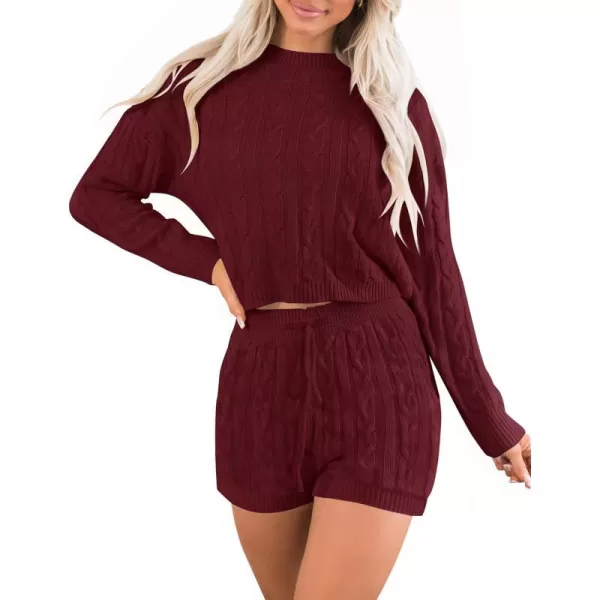 imageZESICA Womens Casual 2 Piece Sweater Sets Long Sleeve Cable Knit Pullover Tops and Drawstring Shorts Sweatsuit OutfitsWine
