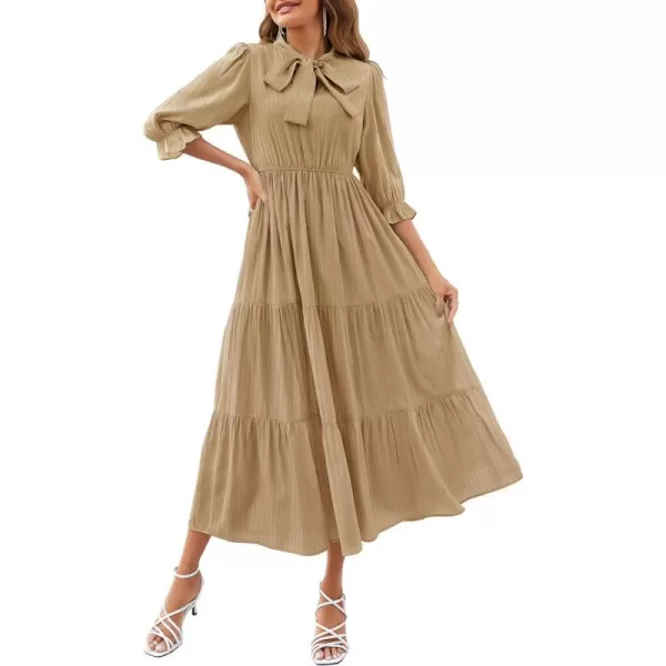 imageZESICA Womens Casual Half Sleeve Tie V Neck Elastic High Waist Solid Color Flowy Tiered A Line Beach Party Maxi DressKhaki