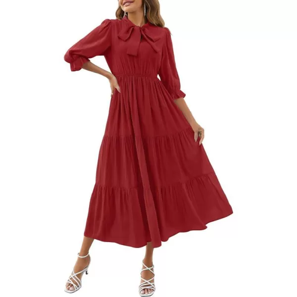 imageZESICA Womens Casual Half Sleeve Tie V Neck Elastic High Waist Solid Color Flowy Tiered A Line Beach Party Maxi DressRed