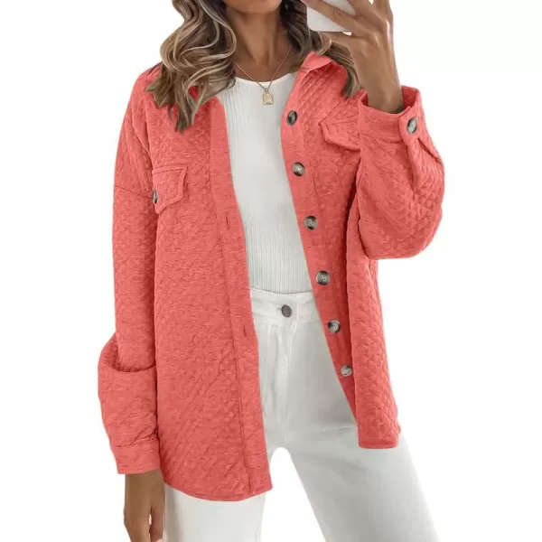 imageZESICA Womens Casual Long Sleeve Button Down Loose Lightweight Shacket Shirt Jacket Coat Outerwear with PocketsCoral