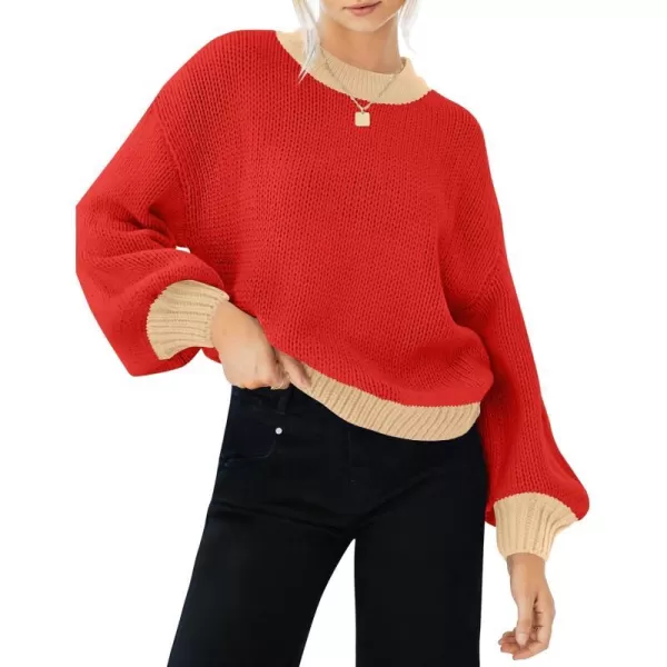 imageZESICA Womens Casual Long Sleeve Crew Neck Pullover 2023 Fall Ribbed Knit Loose Contrast Color Sweater TopsRed