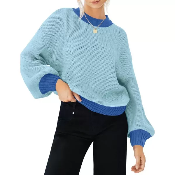 imageZESICA Womens Casual Long Sleeve Crew Neck Pullover 2023 Fall Ribbed Knit Loose Contrast Color Sweater TopsSky