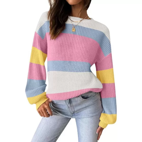 imageZESICA Womens Casual Long Sleeve Crew Neck Striped Color Block Oversized Loose Fit Soft Knit Sweater Pullover TopsHotpink