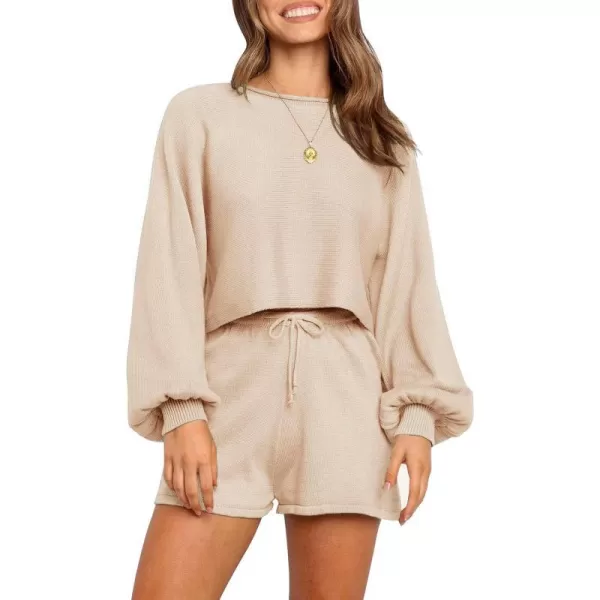 imageZESICA Womens Casual Long Sleeve Solid Color Knit Pullover Sweatsuit 2 Piece Short Sweater Outfits SetsApricot