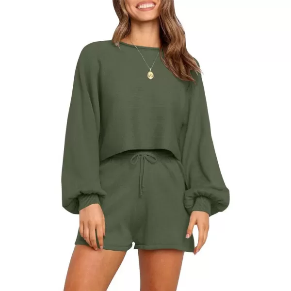 imageZESICA Womens Casual Long Sleeve Solid Color Knit Pullover Sweatsuit 2 Piece Short Sweater Outfits SetsArmygreen