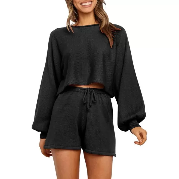 imageZESICA Womens Casual Long Sleeve Solid Color Knit Pullover Sweatsuit 2 Piece Short Sweater Outfits SetsBlack