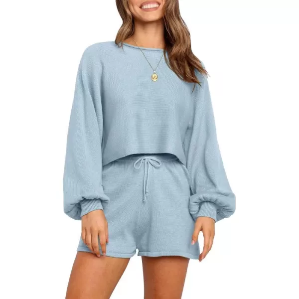 imageZESICA Womens Casual Long Sleeve Solid Color Knit Pullover Sweatsuit 2 Piece Short Sweater Outfits SetsBlue