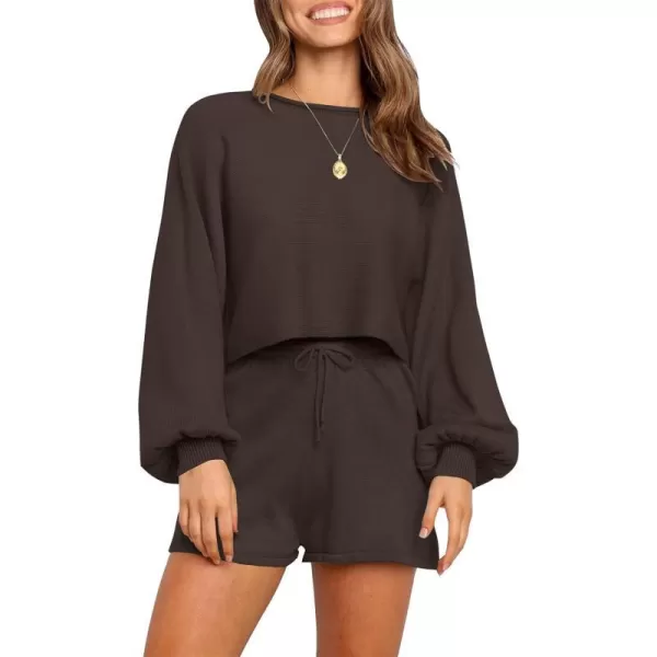 imageZESICA Womens Casual Long Sleeve Solid Color Knit Pullover Sweatsuit 2 Piece Short Sweater Outfits SetsCoffee