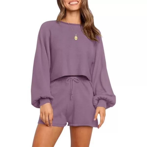 imageZESICA Womens Casual Long Sleeve Solid Color Knit Pullover Sweatsuit 2 Piece Short Sweater Outfits SetsDustypurple