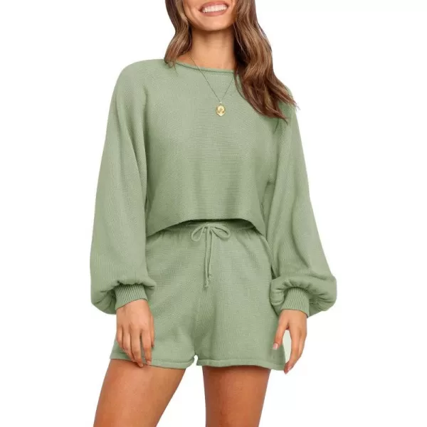 imageZESICA Womens Casual Long Sleeve Solid Color Knit Pullover Sweatsuit 2 Piece Short Sweater Outfits SetsGreen
