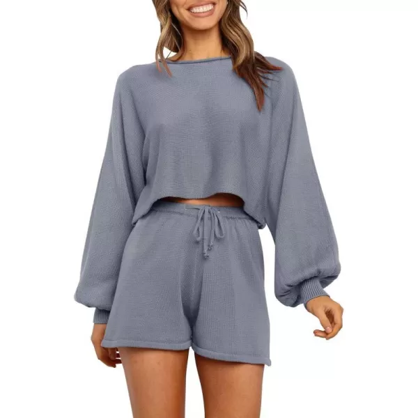 imageZESICA Womens Casual Long Sleeve Solid Color Knit Pullover Sweatsuit 2 Piece Short Sweater Outfits SetsGrey