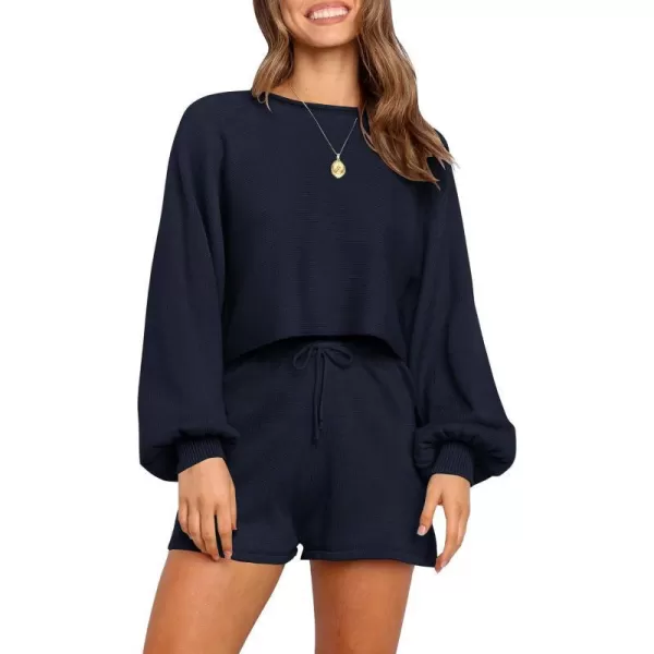 imageZESICA Womens Casual Long Sleeve Solid Color Knit Pullover Sweatsuit 2 Piece Short Sweater Outfits SetsNavy