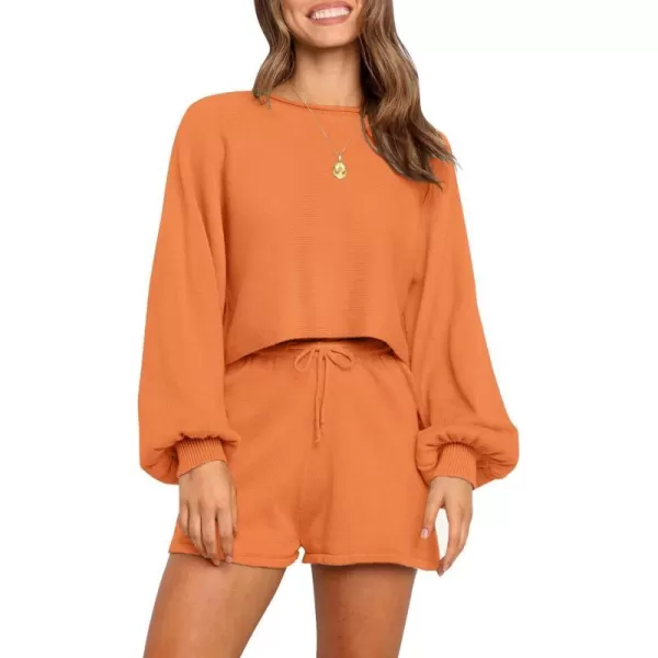 imageZESICA Womens Casual Long Sleeve Solid Color Knit Pullover Sweatsuit 2 Piece Short Sweater Outfits SetsOrange