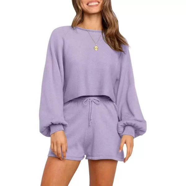imageZESICA Womens Casual Long Sleeve Solid Color Knit Pullover Sweatsuit 2 Piece Short Sweater Outfits SetsPurple