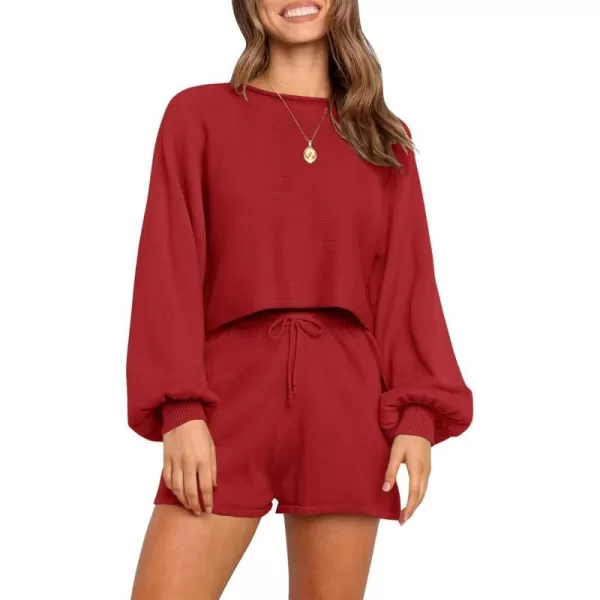 imageZESICA Womens Casual Long Sleeve Solid Color Knit Pullover Sweatsuit 2 Piece Short Sweater Outfits SetsRed